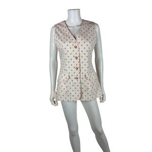 Vintage 60s Patterned Vest Womens Small White Red Cotton Fitted Waistcoat Spring